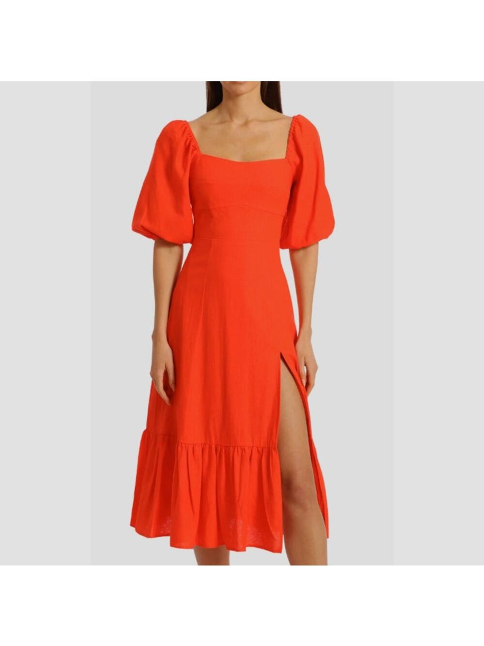 Avec Les Filles Coral Orange Puff Sleeve Side Slit Tiered Midi Dress Sz 2 XS